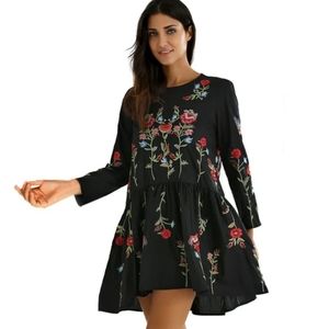 Zara Longsleeve Black Dress w/ Floral Embroidery